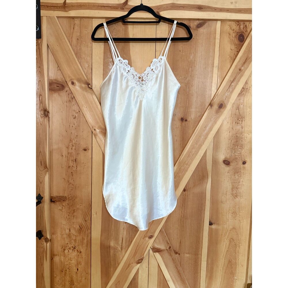 Vintage Babydoll Cami White Satin Lace Slip Dress Embroidered Lingerie Nightgown